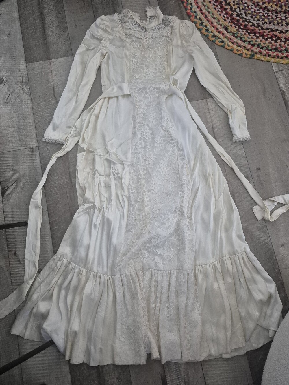 Vintage Victorian Handmade Prairie Maxi Dress Bridal Lace Panel Pearls Ivory L